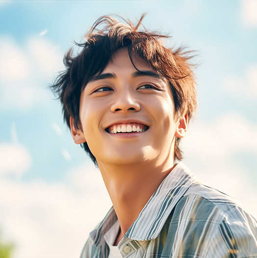 Young man in collared shirt smiling outdoors
